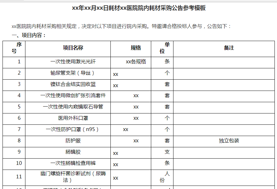 xx年xx月xx日耗材xx医院院内耗材采购公告参考模板